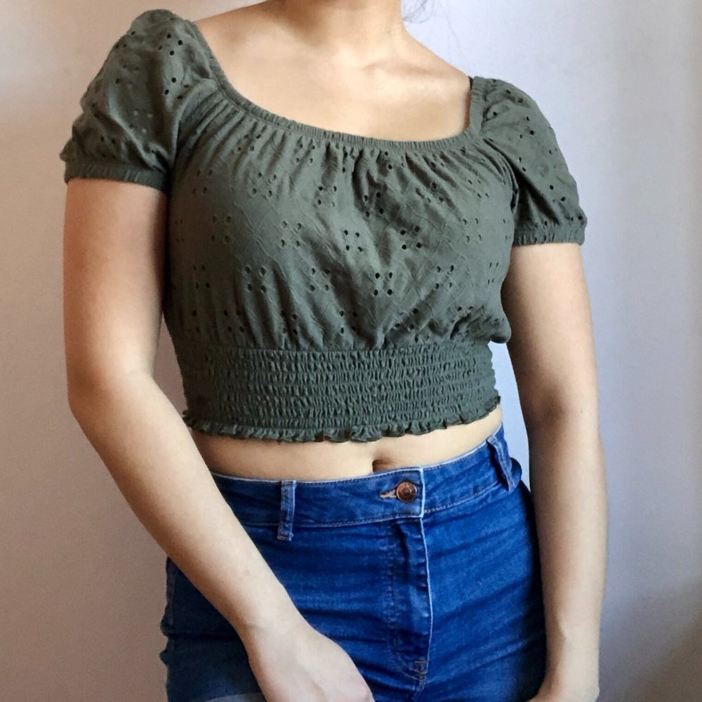 Army Green Puff Sleeve Eyelet Hollister Crop Top